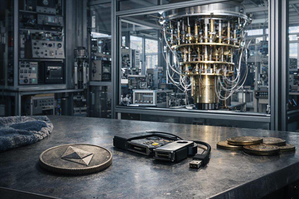 Ethereum hardware wallet and coins in a lab setting, symbolizing the migration battle over wallets, bridges and dormant assets amid quantum risks