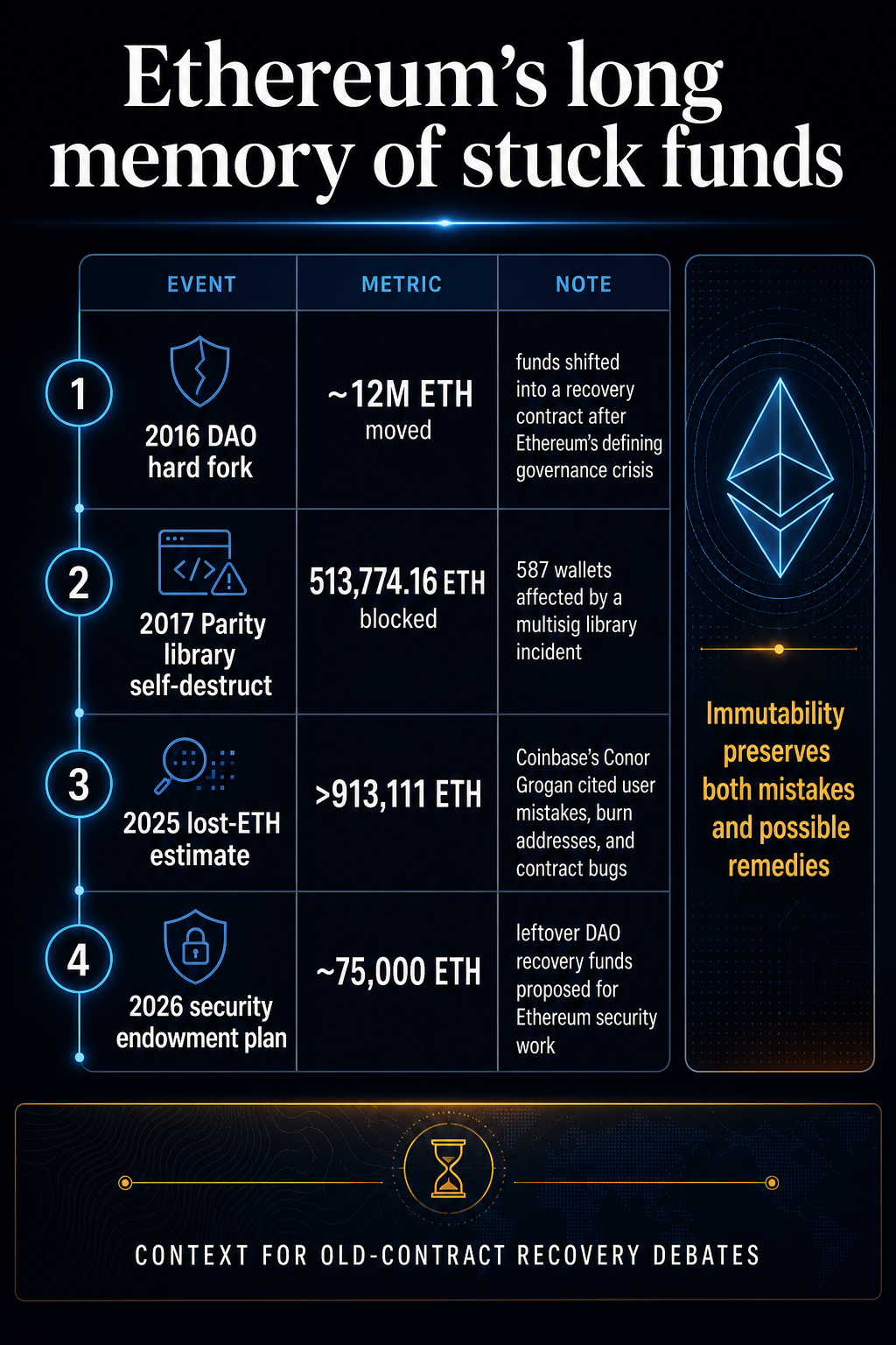 Timeline matrix showing Ethereum stuck-fund history, including The DAO, Parity, lost ETH estimates, and the 2026 security endowment plan.