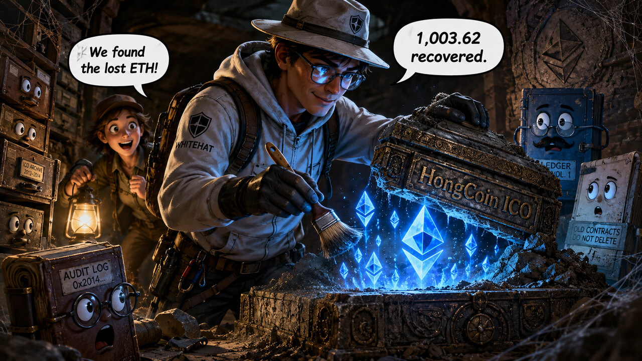 Comic-style image of an Ethereum treasure chest marked HongCoin ICO, showing explorers recovering 1,003.62 ETH.