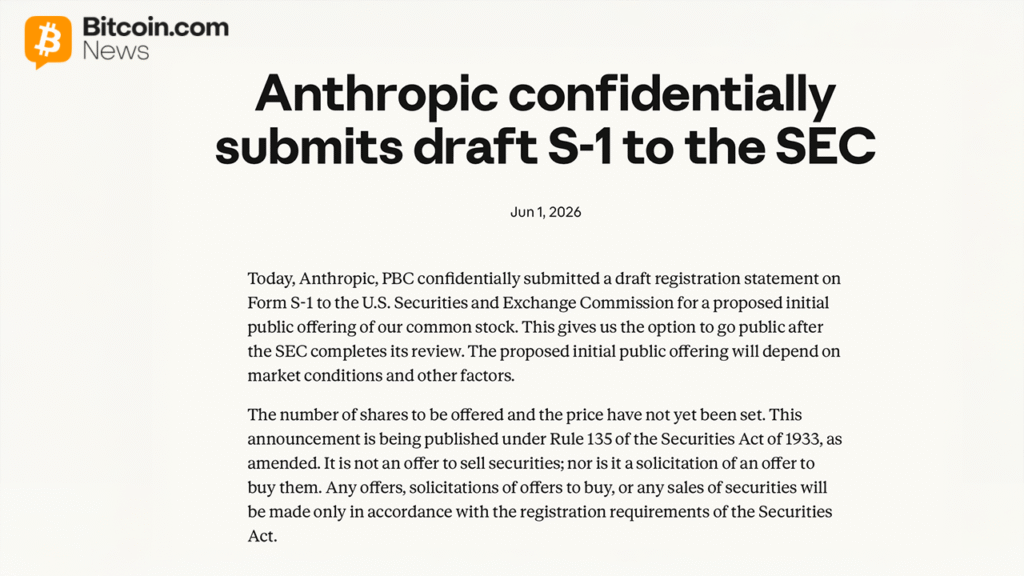 Anthropic Files Confidential S-1 With SEC, Targets IPO at $965B Valuation – Bitcoin News Anthropic Files Confidential S-1 With SEC, Targets IPO at $965B Valuation