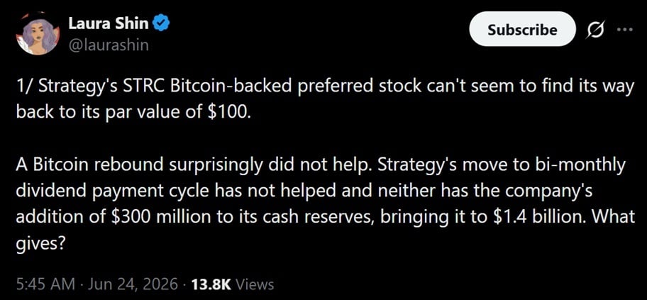 Tweet from Laura Shin discussing Strategy's dividend woes.