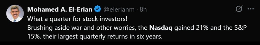 Tweet discussing Nasdaq's amazing Q2 performance.