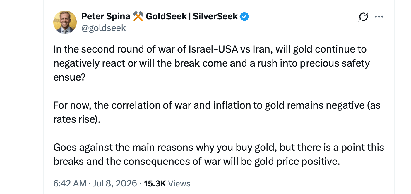 Gold Prices Slide as Iran Tensions Erase Weak US Jobs Report Rally Gains Peter Spina X post on gold and the war.