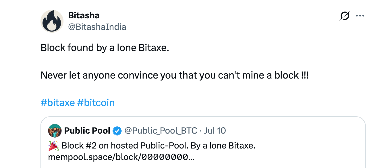 X post on the Bitaxe solo mining win. 