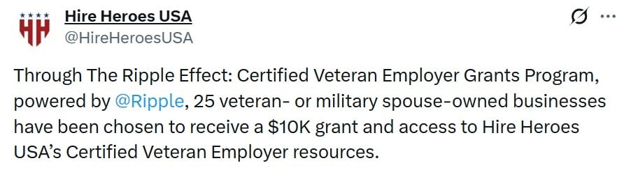 Ripple Commits $250,000 to 25 Veteran-Owned Businesses Through Hire Heroes USA