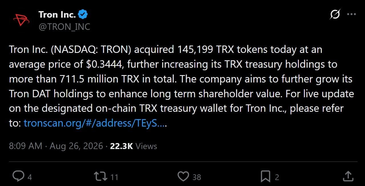 Tron latest update regarding TRX acquisition.