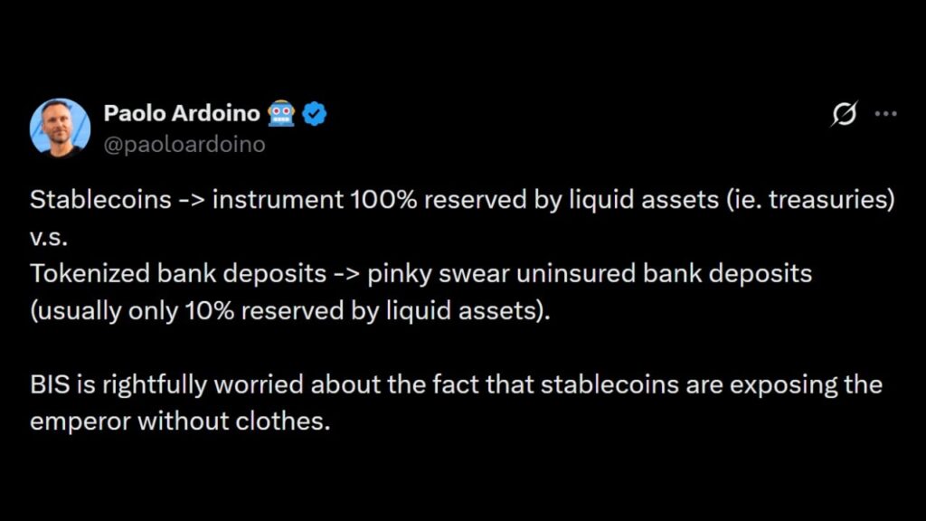 Tether CEO Slams BIS Over Tokenized Bank Deposit Push Tether CEO Slams BIS Over Tokenized Bank Deposit Push