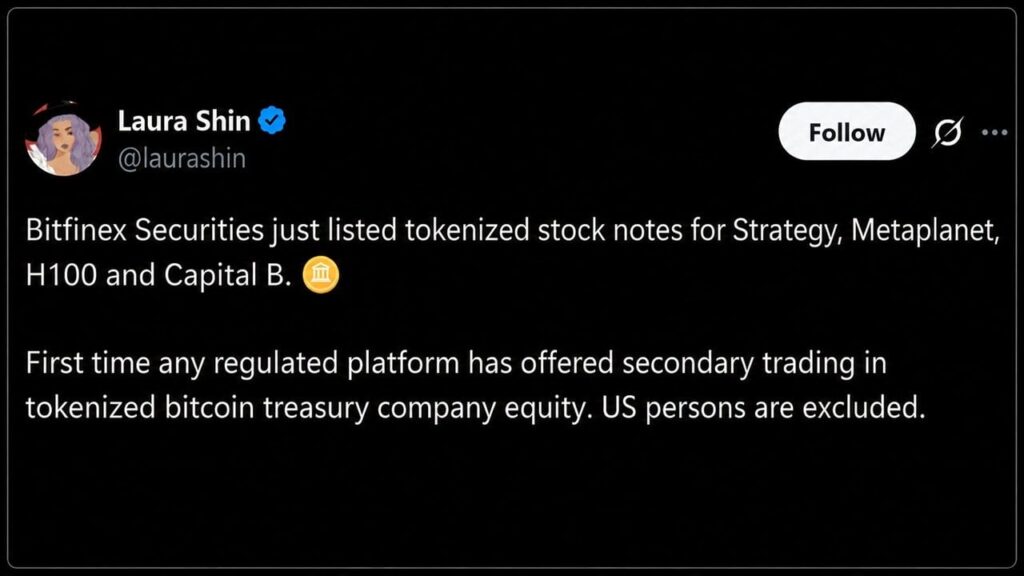 Bitfinex Puts Strategy, Metaplanet Stock Onchain in Tokenized First Shiraz Jagati