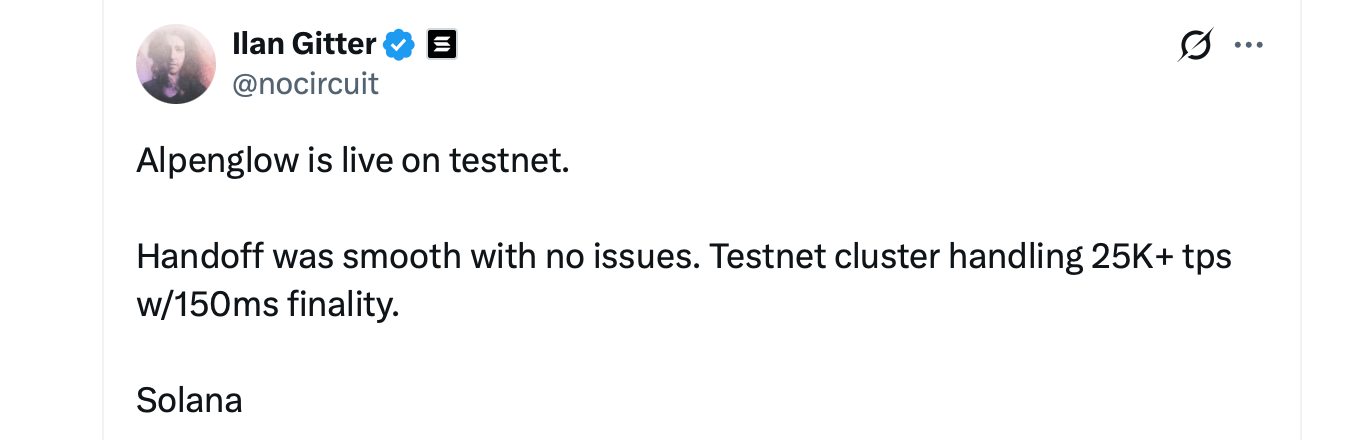 Solana's Alpenglow Hits Second Testnet, 100ms Finality in Sight X screenshot.