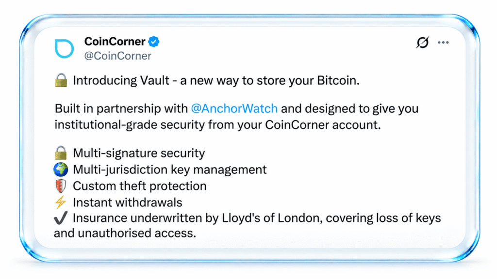 Coincorner, Anchorwatch Roll out Bitcoin Custody With Lloyd’s Insurance