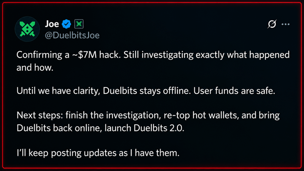 Crypto Casino Duelbits Hit With $7M Hack, Taken Offline