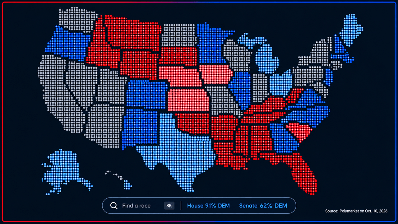 Polymarket Gives Dems 62% Midterm Sweep Odds, CLARITY Act in Jeopardy Polymarket map odds screenshot.