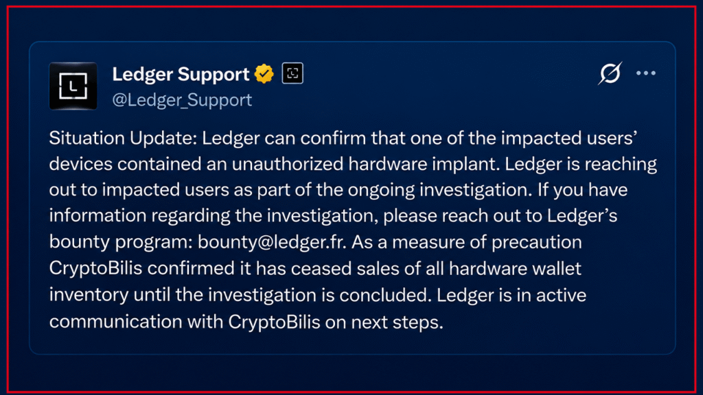 Ledger Confirms Hidden Hardware Implant in Affected User's Wallet