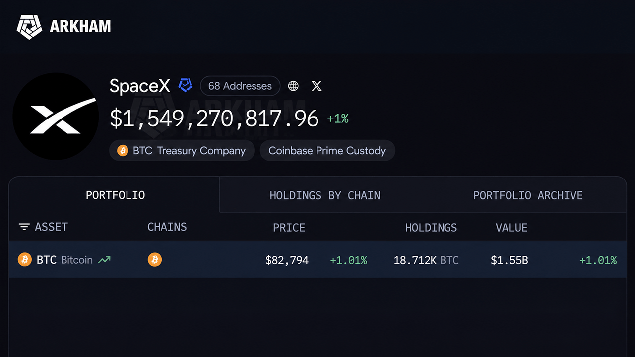 Musk's SpaceX Earnings Rocket Higher as Bitcoin Stash Holds Firm Arkham screenshot.