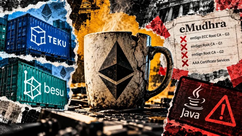 Ethereum client security fixes leave binary users with a separate Java check Editorial collage of a cracked Ethereum coffee mug, Teku and Besu containers, revoked eMudhra certificates and a Java security warning.