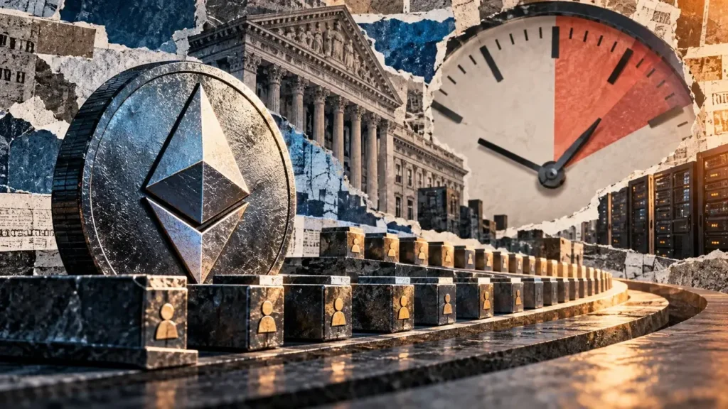 Ethereum’s $3 billion blockspace bet hinges on who gets to produce the next block Editorial collage of Ethereum, a clock, bank architecture, and validator blocks illustrating institutional blockspace access and waiting times.